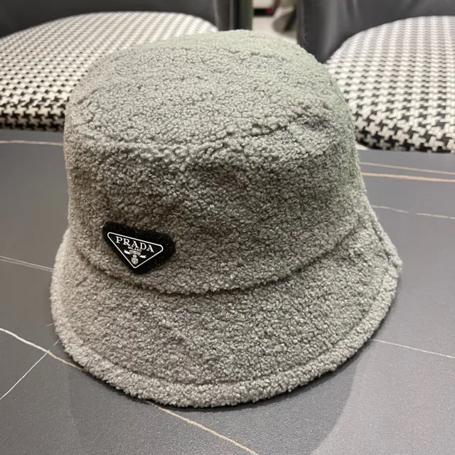 Prada Gray Plush Sherpa-Like Texture Structured Soft Crown Bucket Hat 9