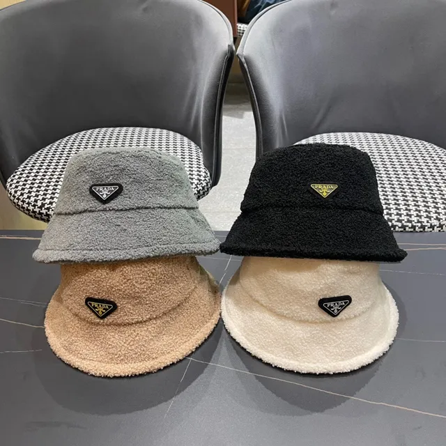 Prada Gray Plush Sherpa-Like Texture Structured Soft Crown Bucket Hat 10