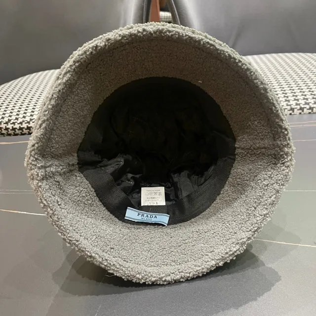 Prada Gray Plush Sherpa-Like Texture Structured Soft Crown Bucket Hat 11