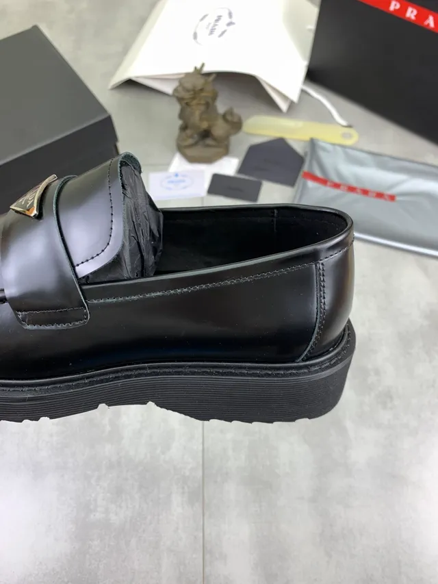 Prada Loafer Black Polished Leather Metal Triangle Logo Plaque Loafer 4
