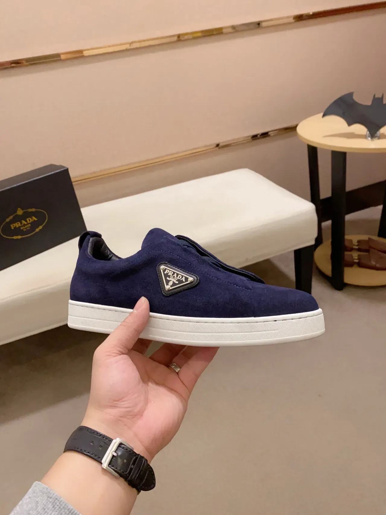 Prada Navy White Suede Upper Slip-On Construction Lifestyle Sneakers 4