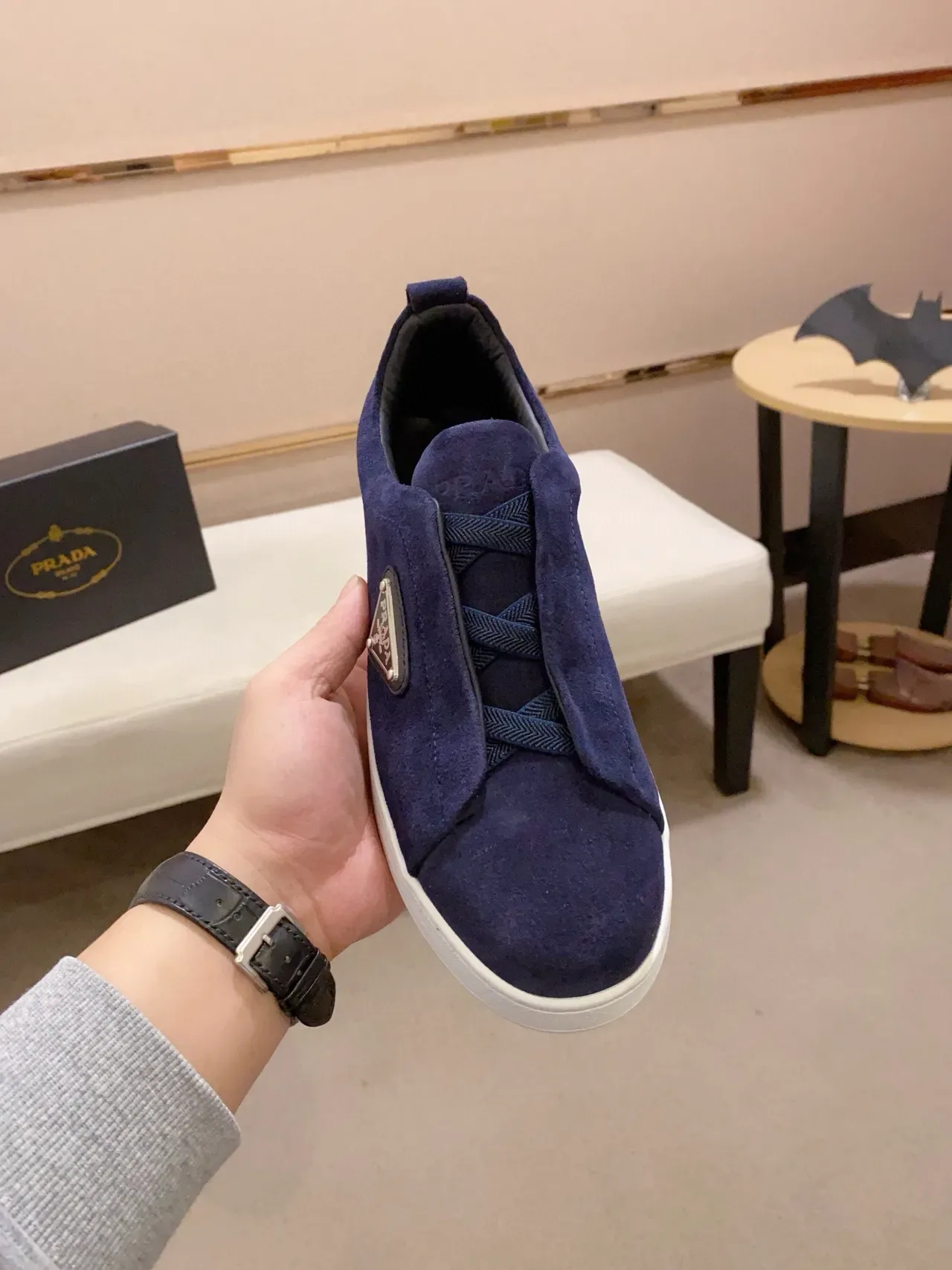 Prada Navy White Suede Upper Slip-On Construction Lifestyle Sneakers 5