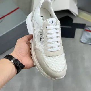 Prada White Beige Mesh And Suede Paneling Sculpted Midsole Sneakers