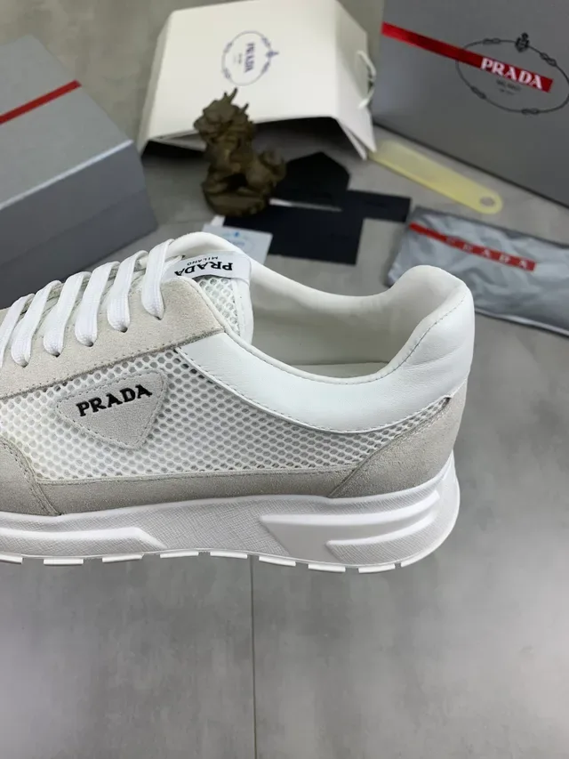 Prada White Beige Mesh And Suede Paneling Sculpted Midsole Sneakers 4