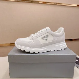 Prada White Beige Mixed-Material Upper Triangular Logo Plaque Chunky Sneakers