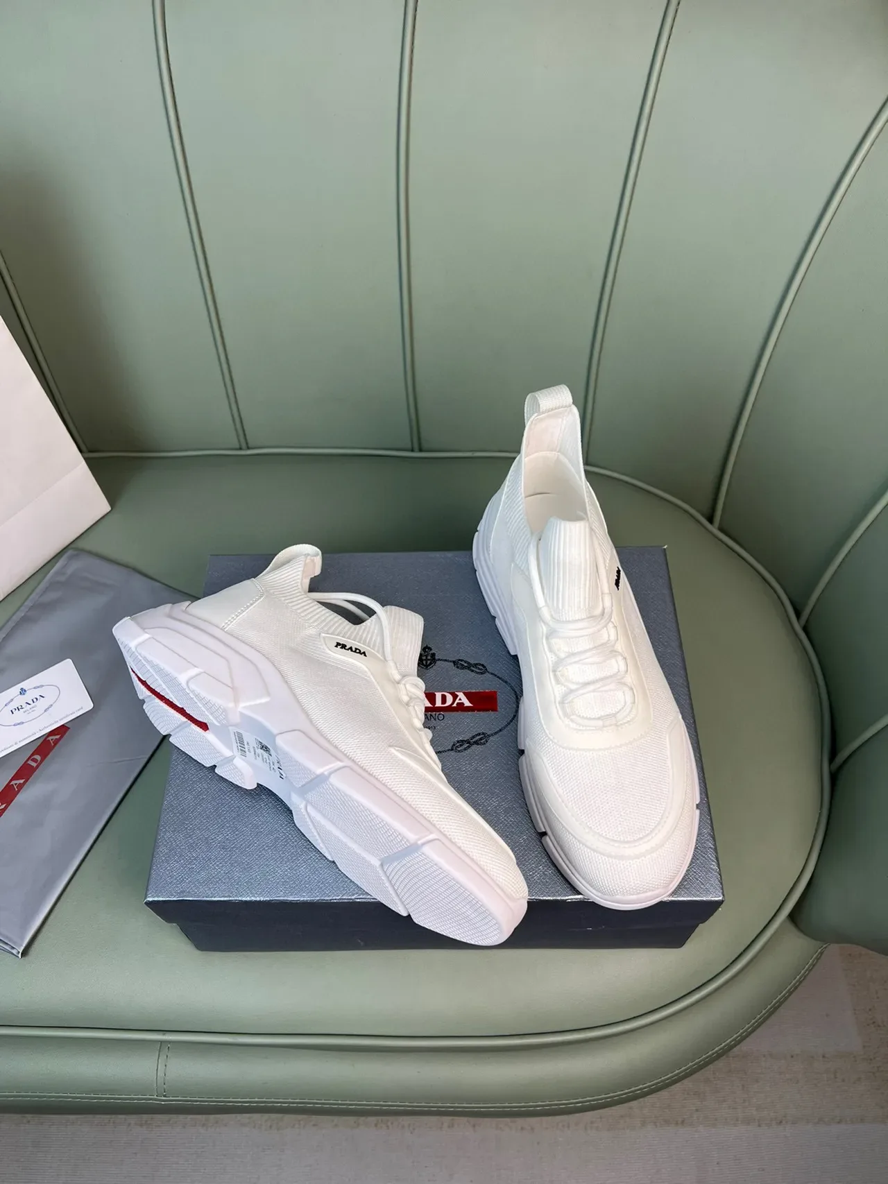 Prada White Knit Sock-Fit Upper Sculpted Chunky Sole Lifestyle Sneakers 5