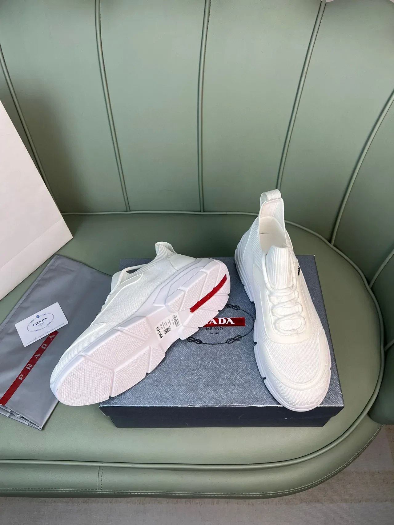 Prada White Knit Sock-Fit Upper Sculpted Chunky Sole Lifestyle Sneakers 7