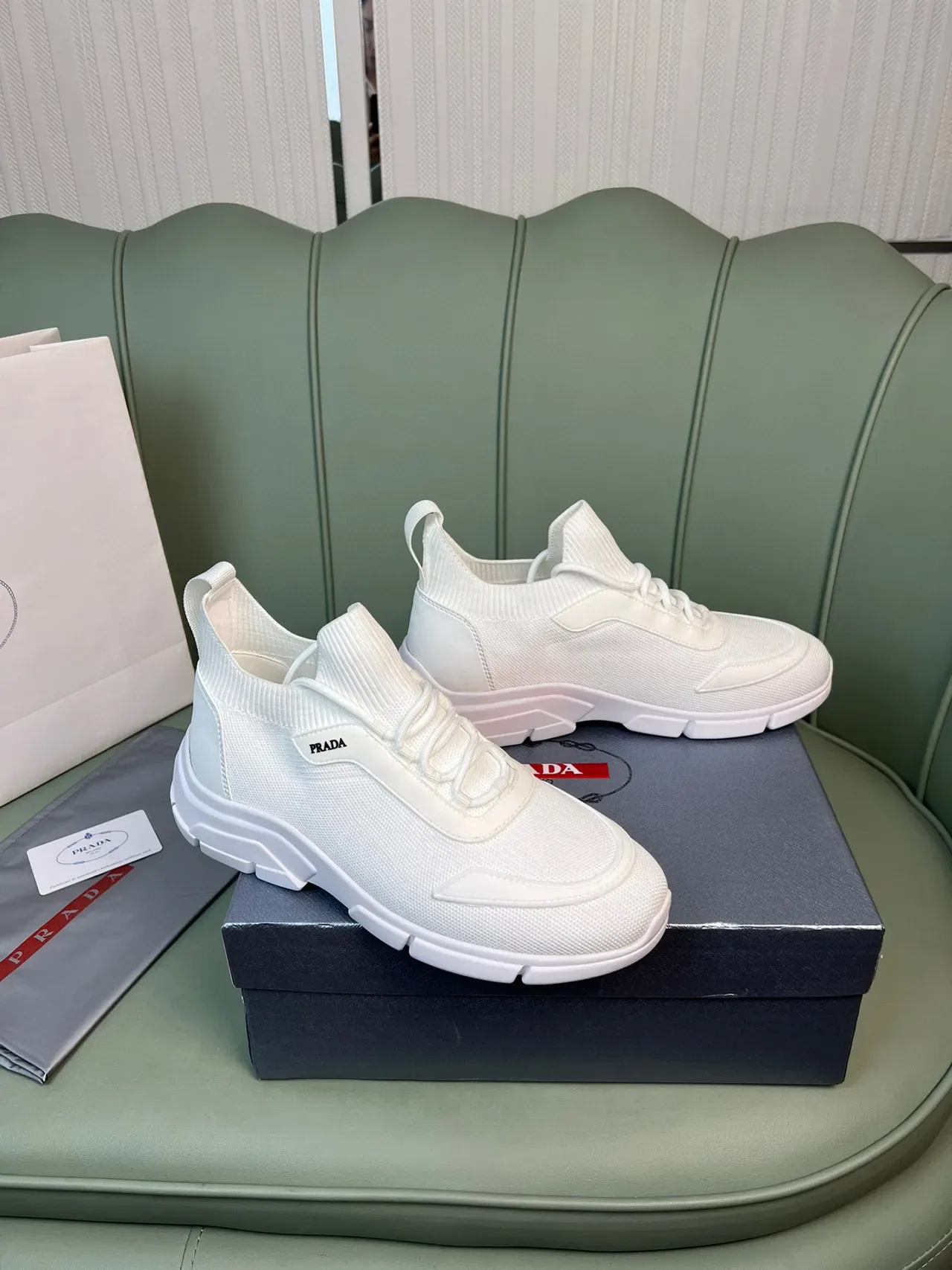 Prada White Knit Sock-Fit Upper Sculpted Chunky Sole Lifestyle Sneakers 8