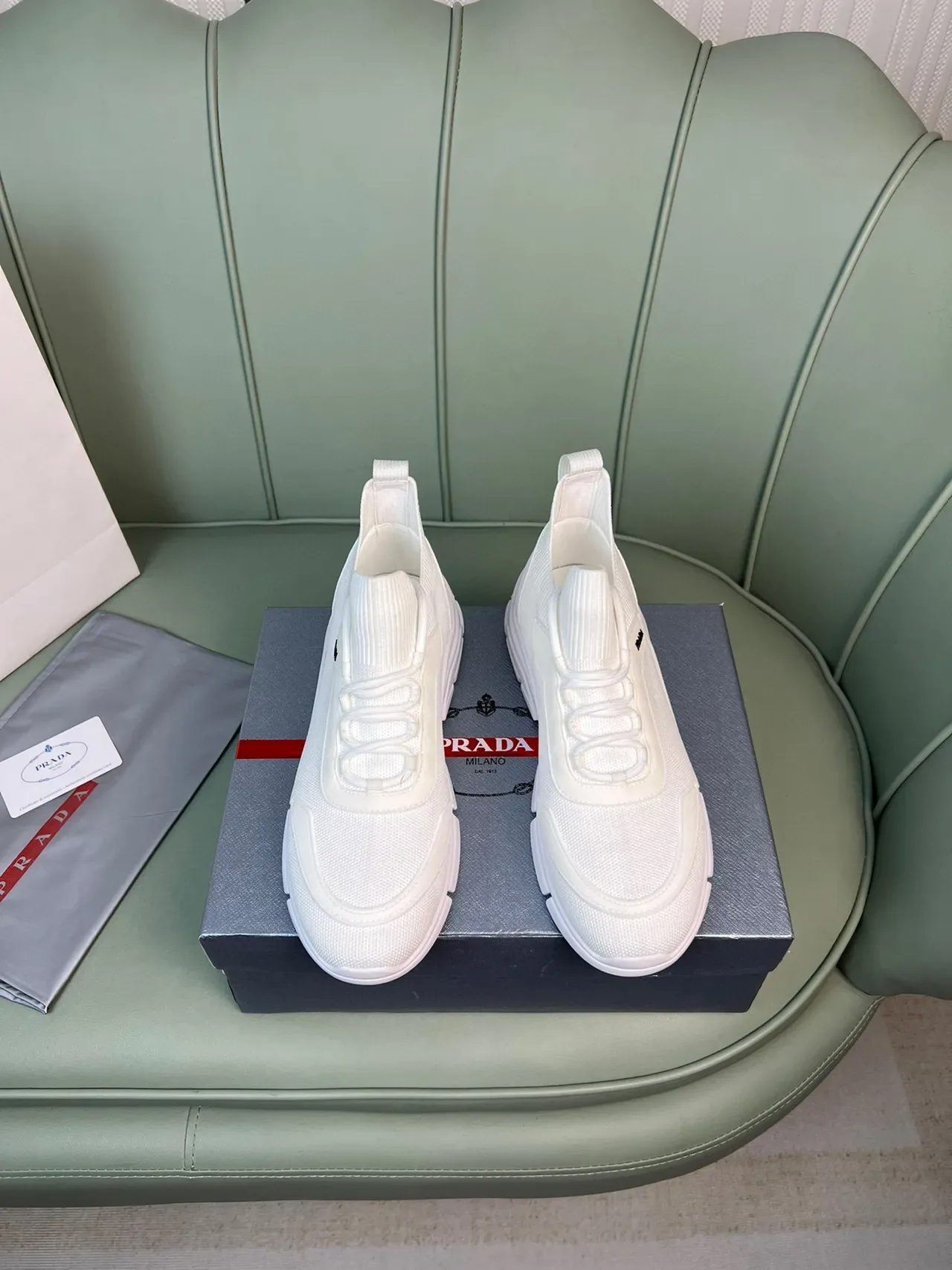Prada White Knit Sock-Fit Upper Sculpted Chunky Sole Lifestyle Sneakers 9