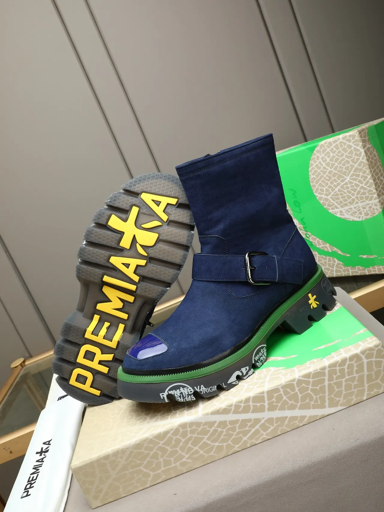 Premiata Blue Suede Buckle Strap Platform Ankle Boot 4