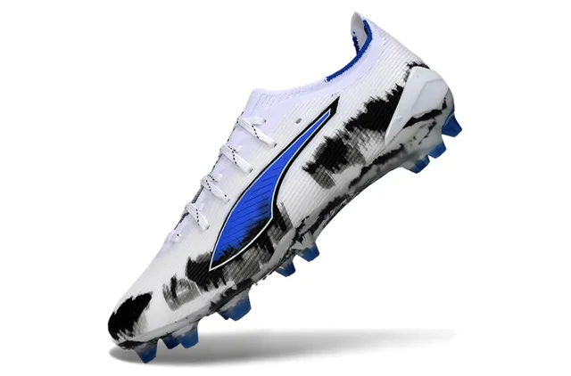 Puma Future Z Chaussures de football Blanc Bleu Basse Coupe Empeigne Maille Lacets Asymétriques Sol Ferme 3