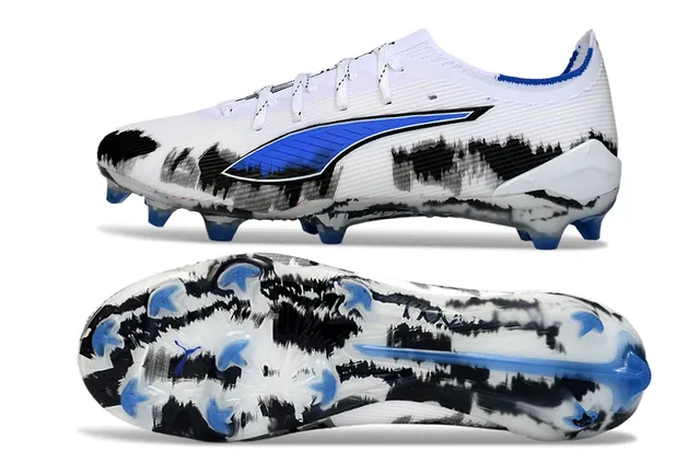 Puma Future Z Chaussures de football Blanc Bleu Basse Coupe Empeigne Maille Lacets Asymétriques Sol Ferme 6