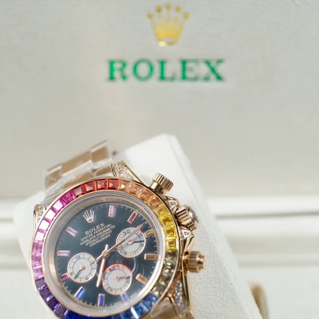 Rolex Cosmograph Daytona বর্ণিল রত্ন-জড়ানো কিনারা কালো ডায়াল গোলাপী সোনা যান্ত্রিক ঘড়ি 3