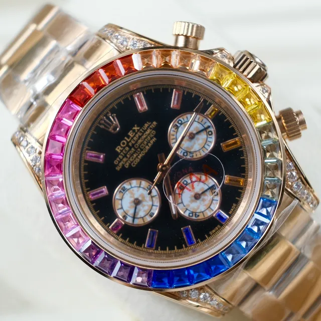 Rolex Cosmograph Daytona বর্ণিল রত্ন-জড়ানো কিনারা কালো ডায়াল গোলাপী সোনা যান্ত্রিক ঘড়ি 4