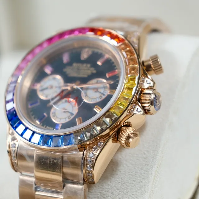 Rolex Cosmograph Daytona বর্ণিল রত্ন-জড়ানো কিনারা কালো ডায়াল গোলাপী সোনা যান্ত্রিক ঘড়ি 9