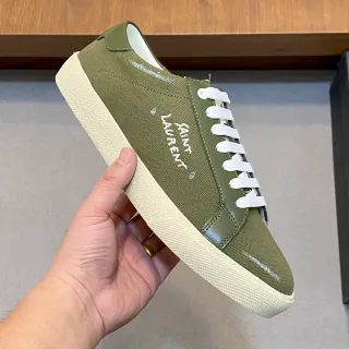 Saint Laurent आर्मी ग्रीन बीज कैनवास अपर एम्ब्रॉइडेड लोगो लाइफस्टाइल स्नीकर
