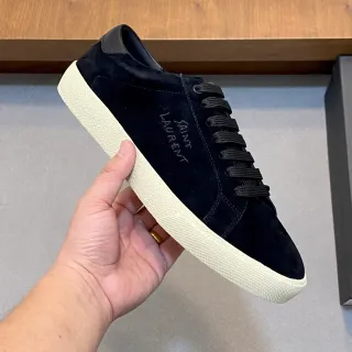 Saint Laurent ब्लैक और बेज स्यूड ऊपरी टोनल एम्ब्रॉयडरी लाइफस्टाइल स्नीकर्स