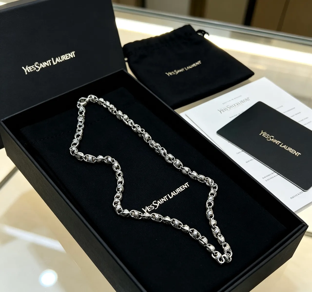 Saint Laurent Silver Black Sculpted Link Textured Surface Necklace 9