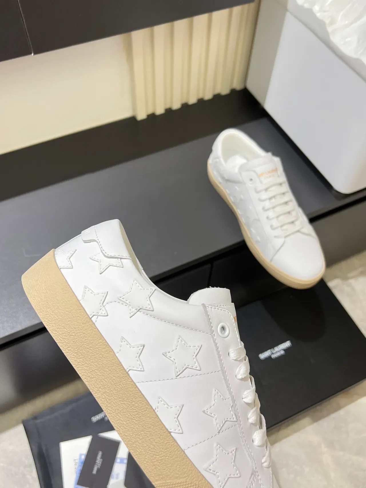 Saint Laurent White Beige Leather Upper Embossed Star Pattern Lifestyle Sneakers 3