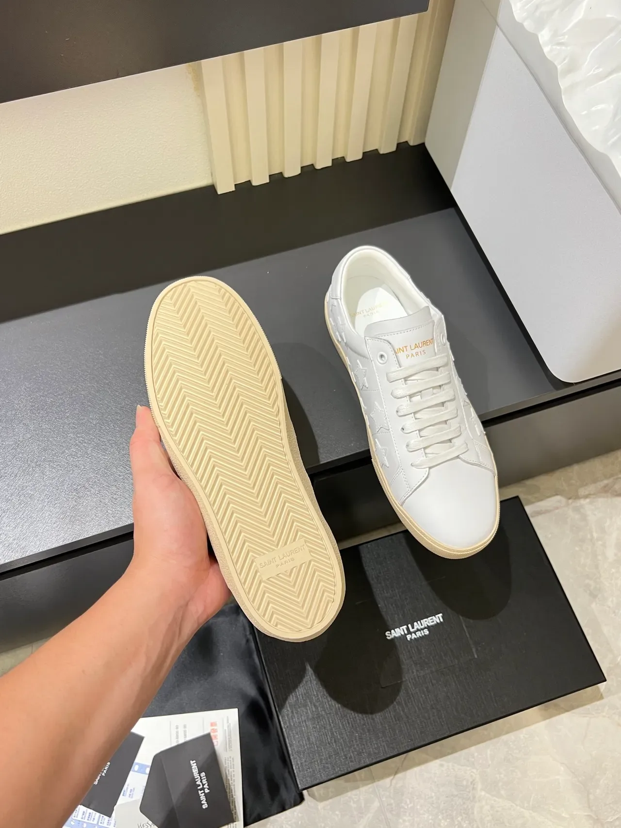 Saint Laurent White Beige Leather Upper Embossed Star Pattern Lifestyle Sneakers 4