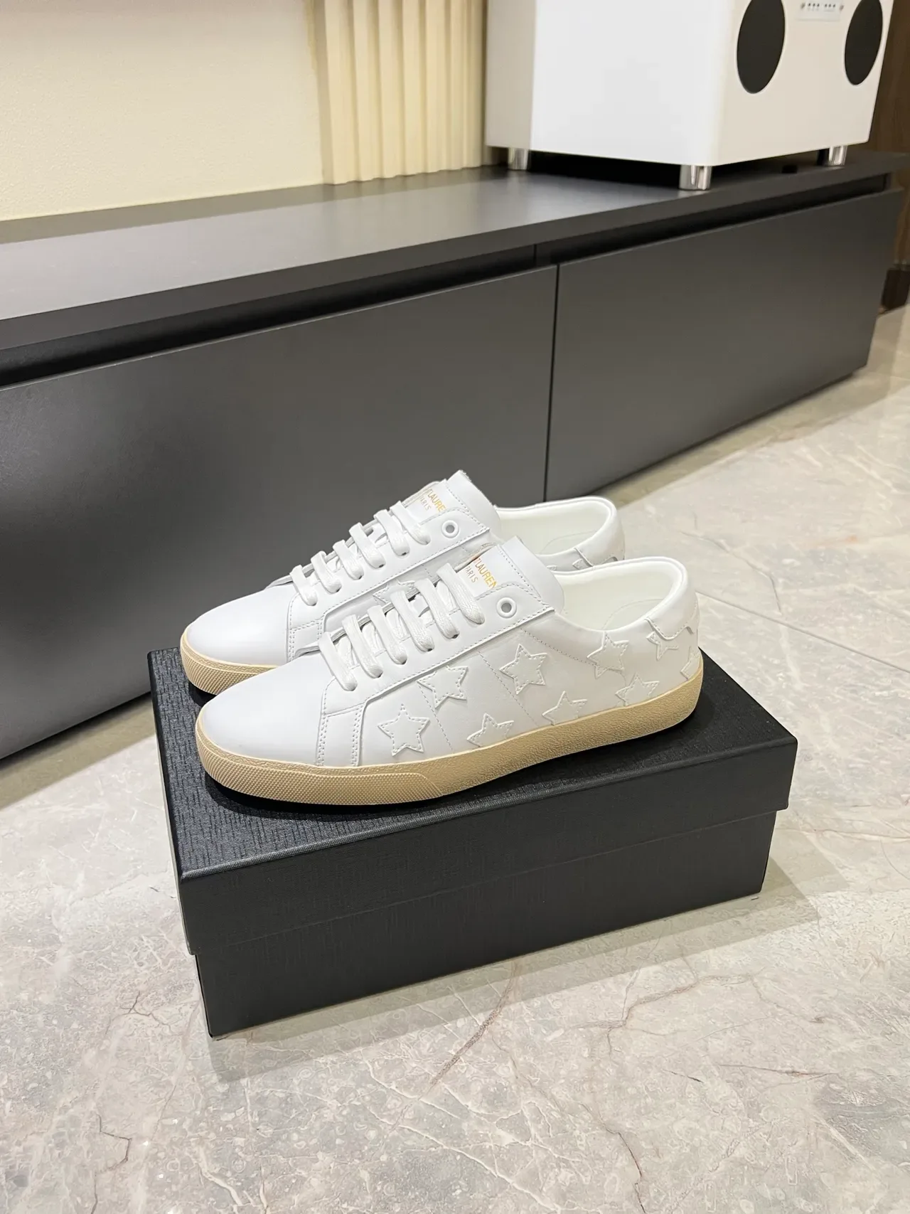 Saint Laurent White Beige Leather Upper Embossed Star Pattern Lifestyle Sneakers 5
