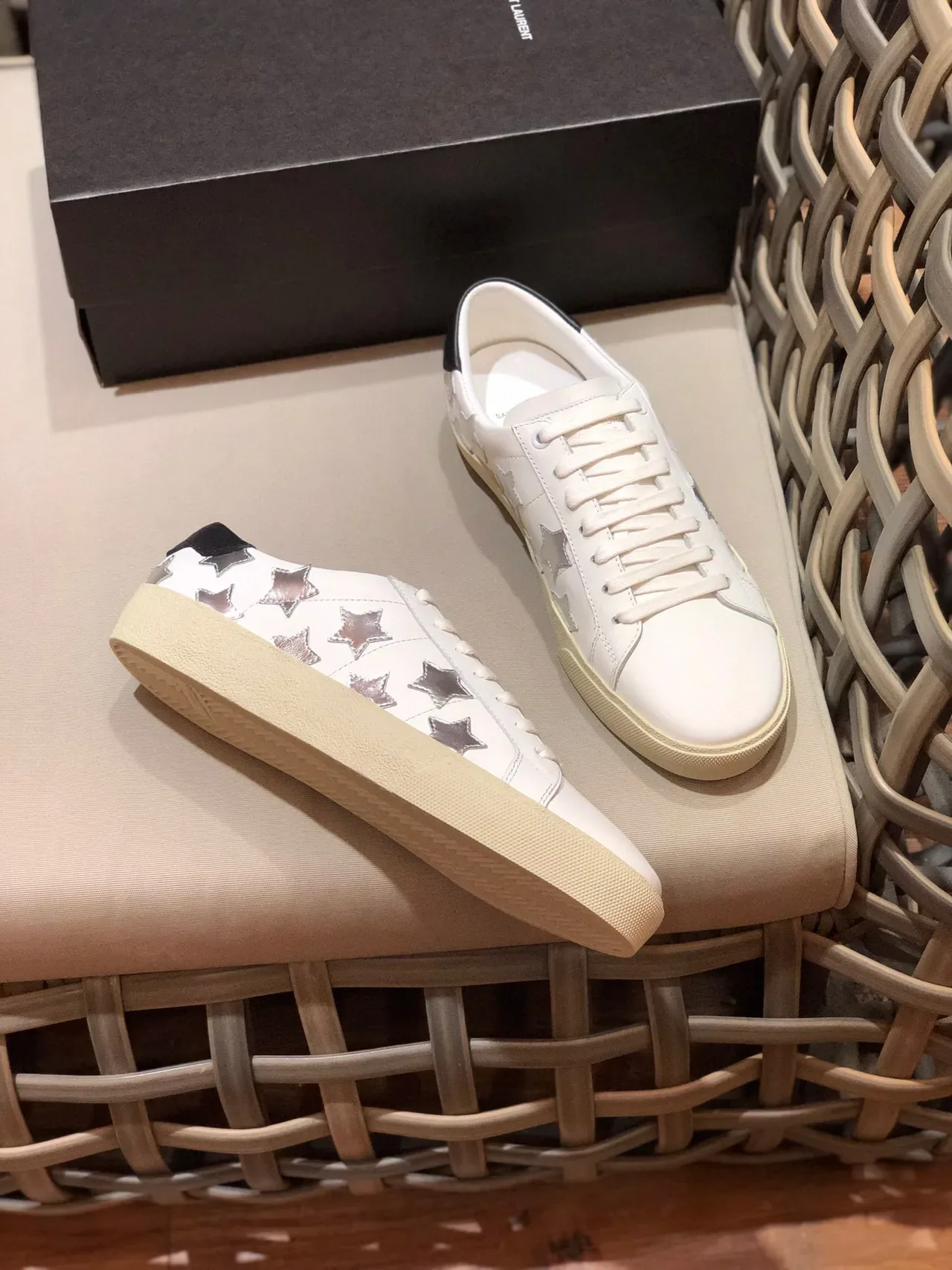 Saint Laurent White Black Leather Metallic Star Cutouts Lifestyle Sneakers 8
