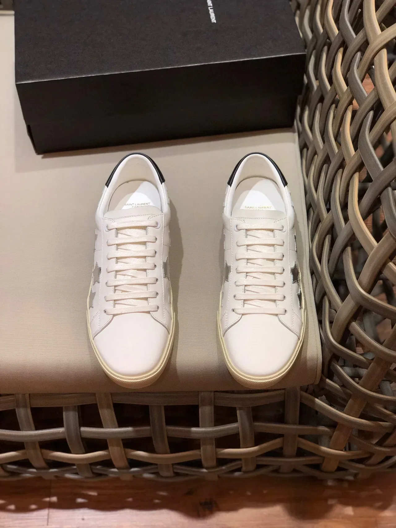 Saint Laurent White Black Leather Metallic Star Cutouts Lifestyle Sneakers 9