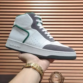 Saint Laurent श्वेत धूसर हाई-टॉप चमड़े-स्वेड हाइब्रिड जीवनशैली जूते