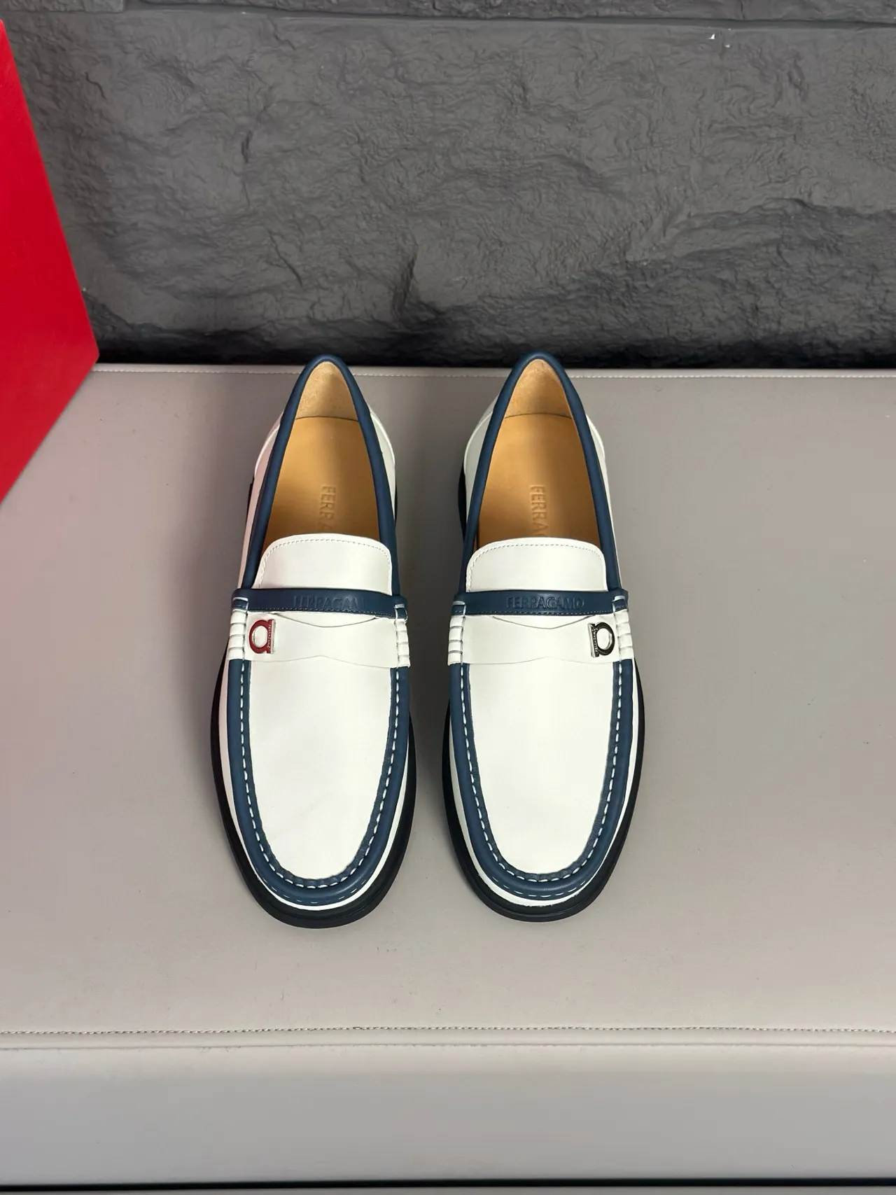 Salvatore Ferragamo Gancini Loafer White and Navy Leather Loafers 2