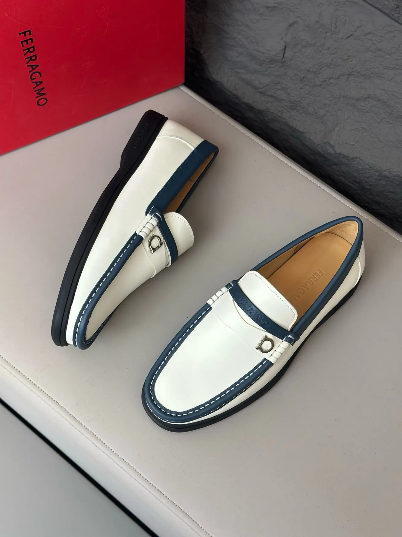 Salvatore Ferragamo Gancini Loafer White and Navy Leather Loafers 3