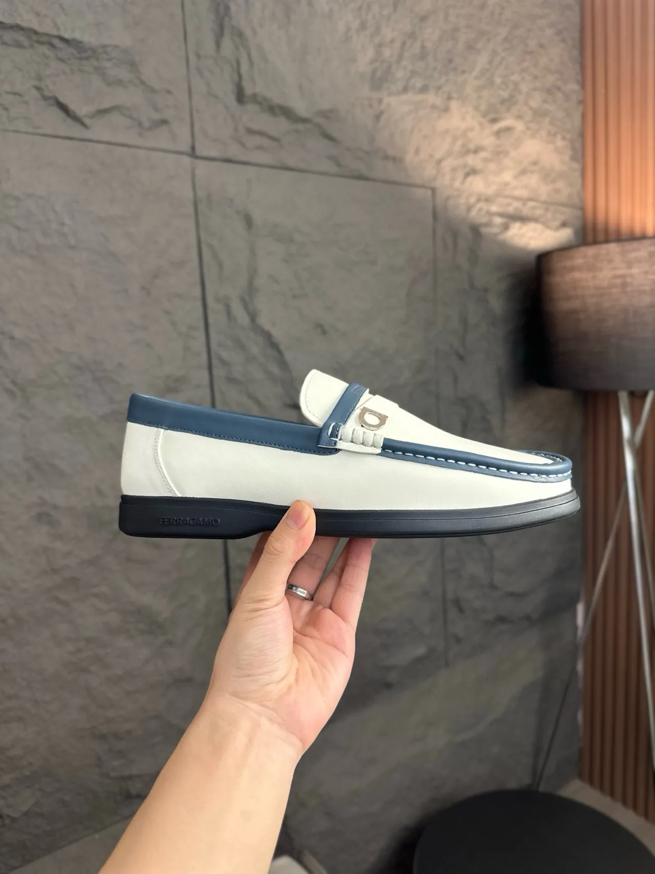 Salvatore Ferragamo Gancini Loafer White and Navy Leather Loafers 4
