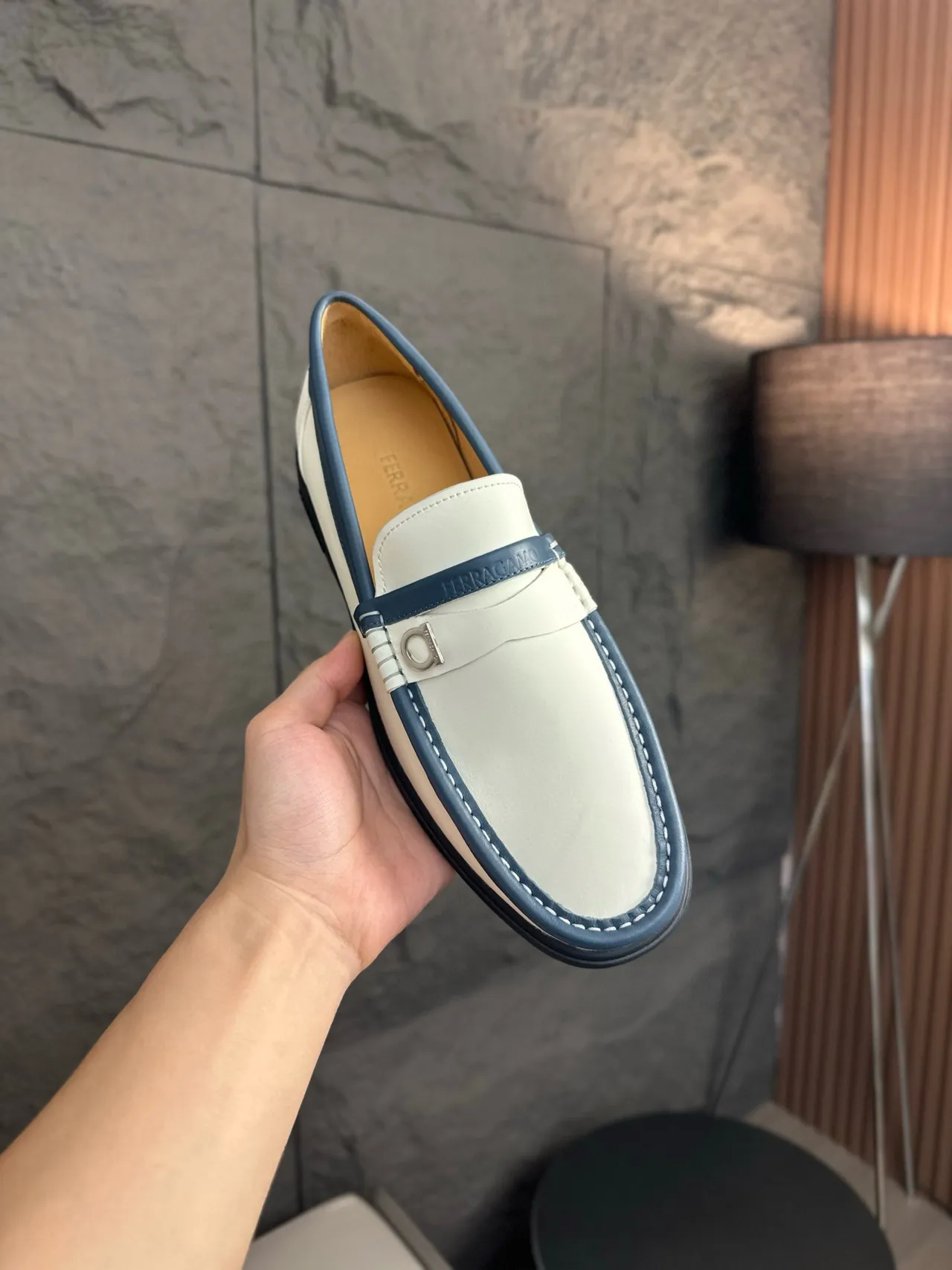 Salvatore Ferragamo Gancini Loafer White and Navy Leather Loafers 5
