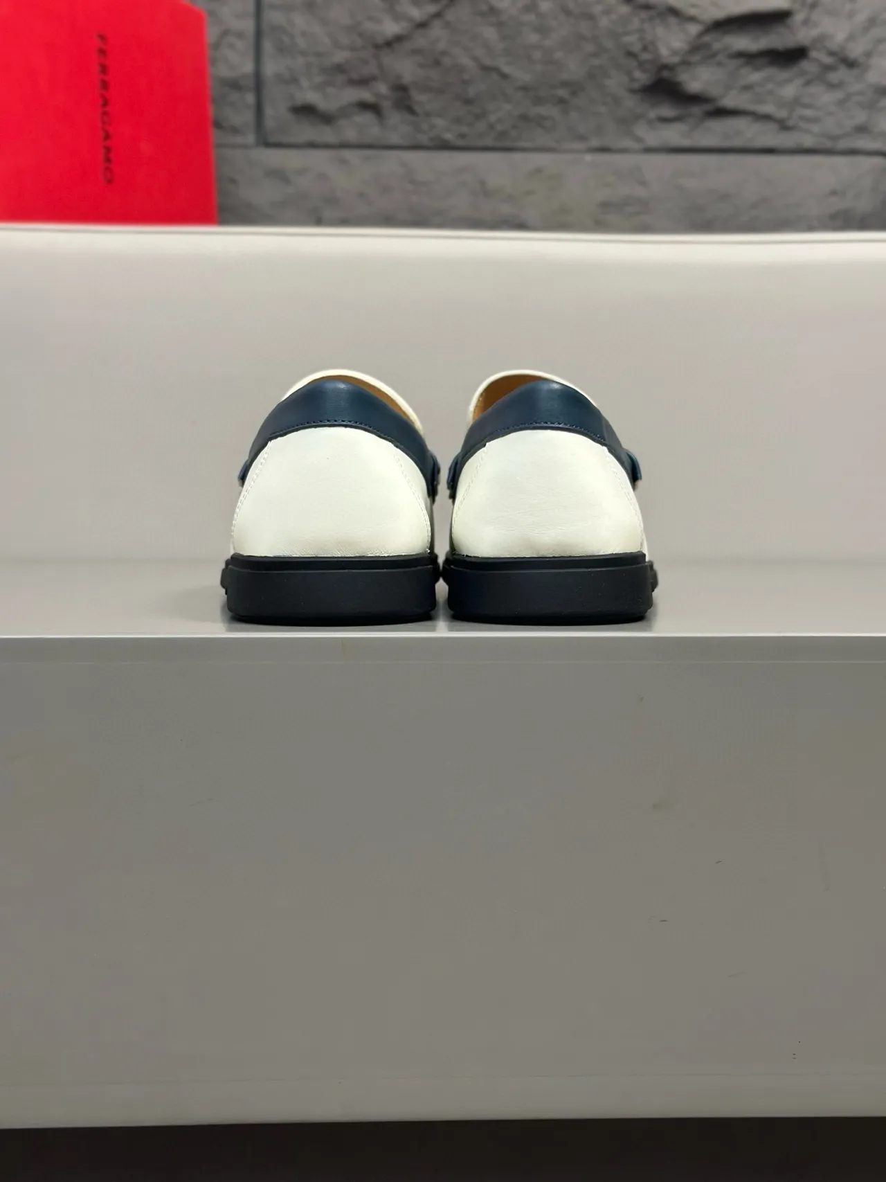 Salvatore Ferragamo Gancini Loafer White and Navy Leather Loafers 7