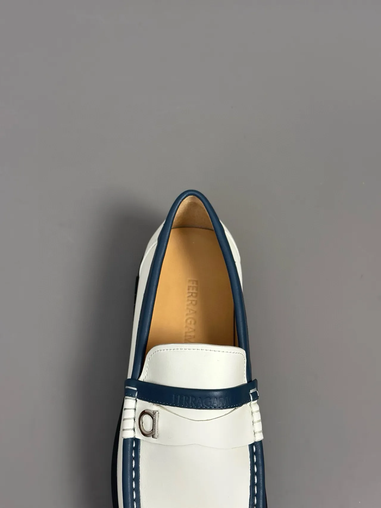 Salvatore Ferragamo Gancini Loafer White and Navy Leather Loafers 8