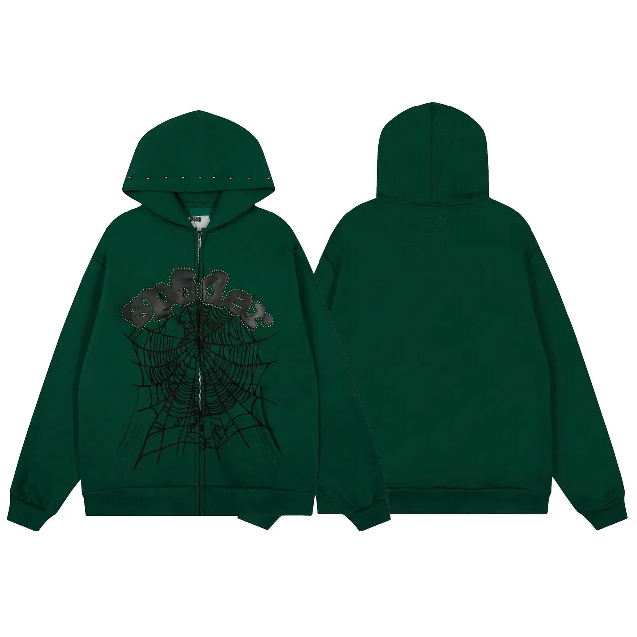 Sp5der Green Black Studded Embroidered Logo Spiderweb Graphic Tracksuit 14