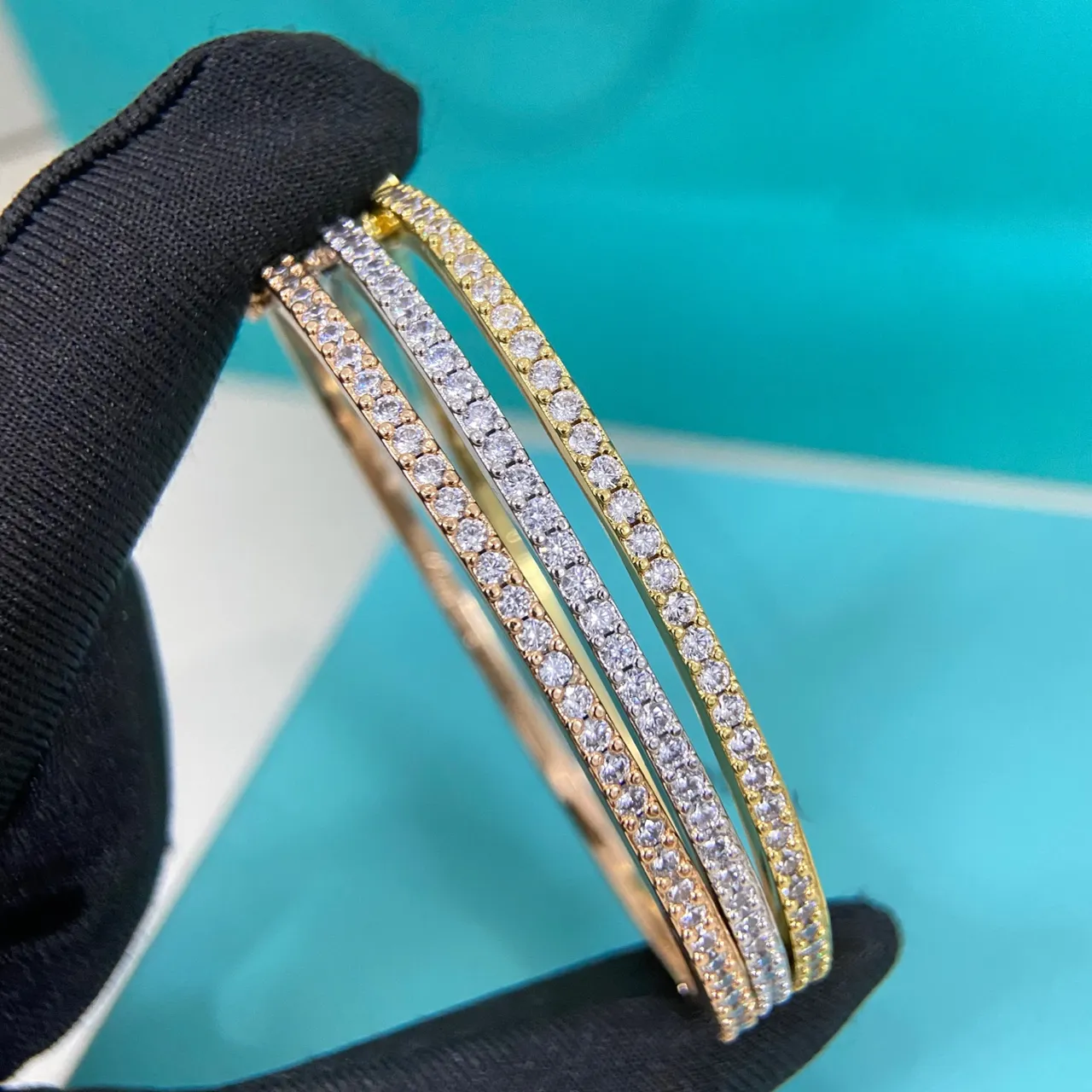 Tiffany & Co. 金银 三排 Pavé 铰链 手镯 3