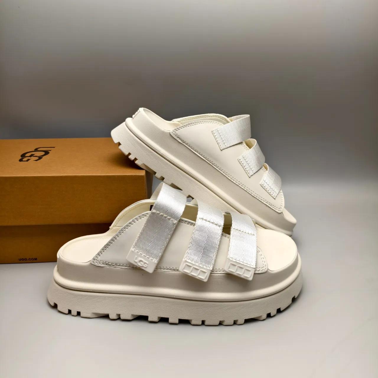 UGG Beige Triple-Strap Platform Sole Slippers 6