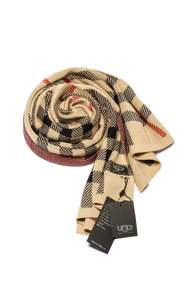 UGG 米色黑红格纹羊绒围巾 6