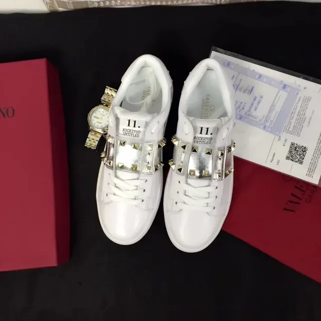 Valentino Rockstud Untitled White Gold Leather Silver Metallic Strap Lifestyle Sneakers 3