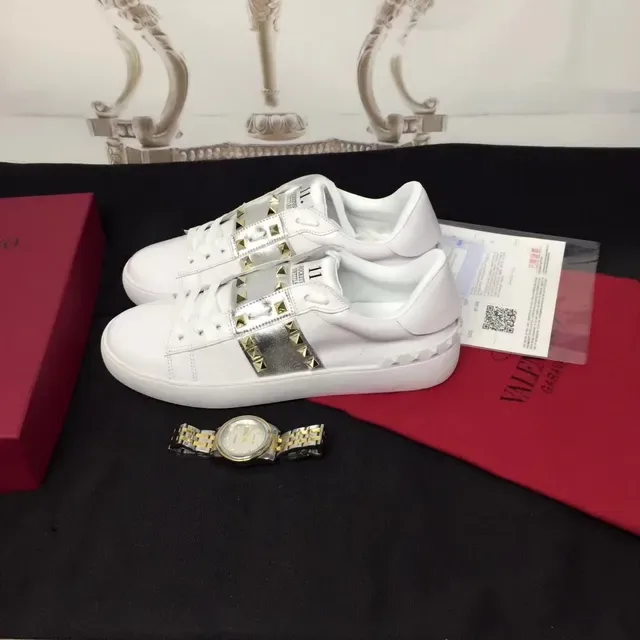 Valentino Rockstud Untitled White Gold Leather Silver Metallic Strap Lifestyle Sneakers 4