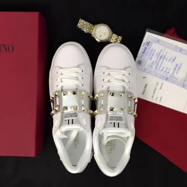 Valentino Rockstud Untitled White Gold Leather Silver Metallic Strap Lifestyle Sneakers 5