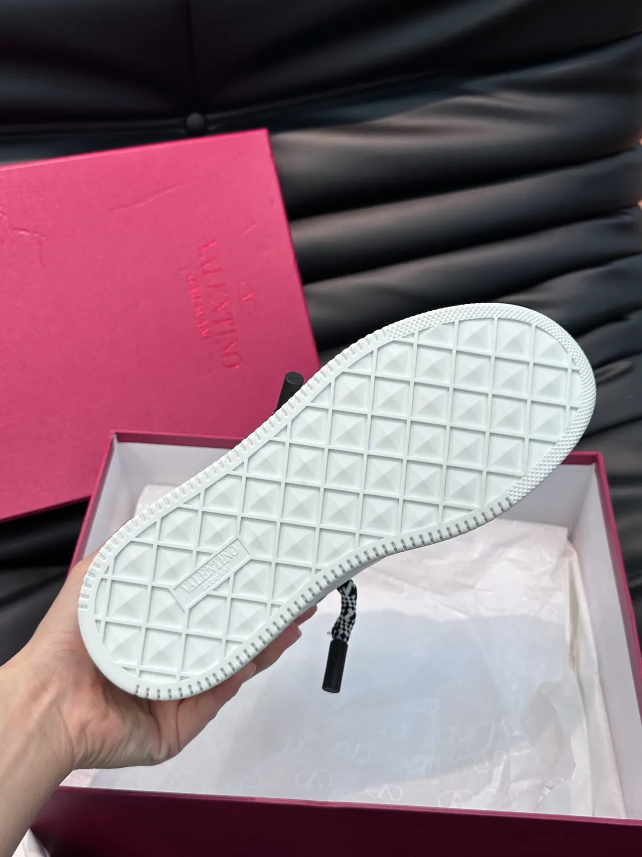 Valentino Rockstud Blanco Verde Suela Plataforma Gruesa Patrón Checkerboard Cordones de Cuerda Zapatillas Lifestyle 2