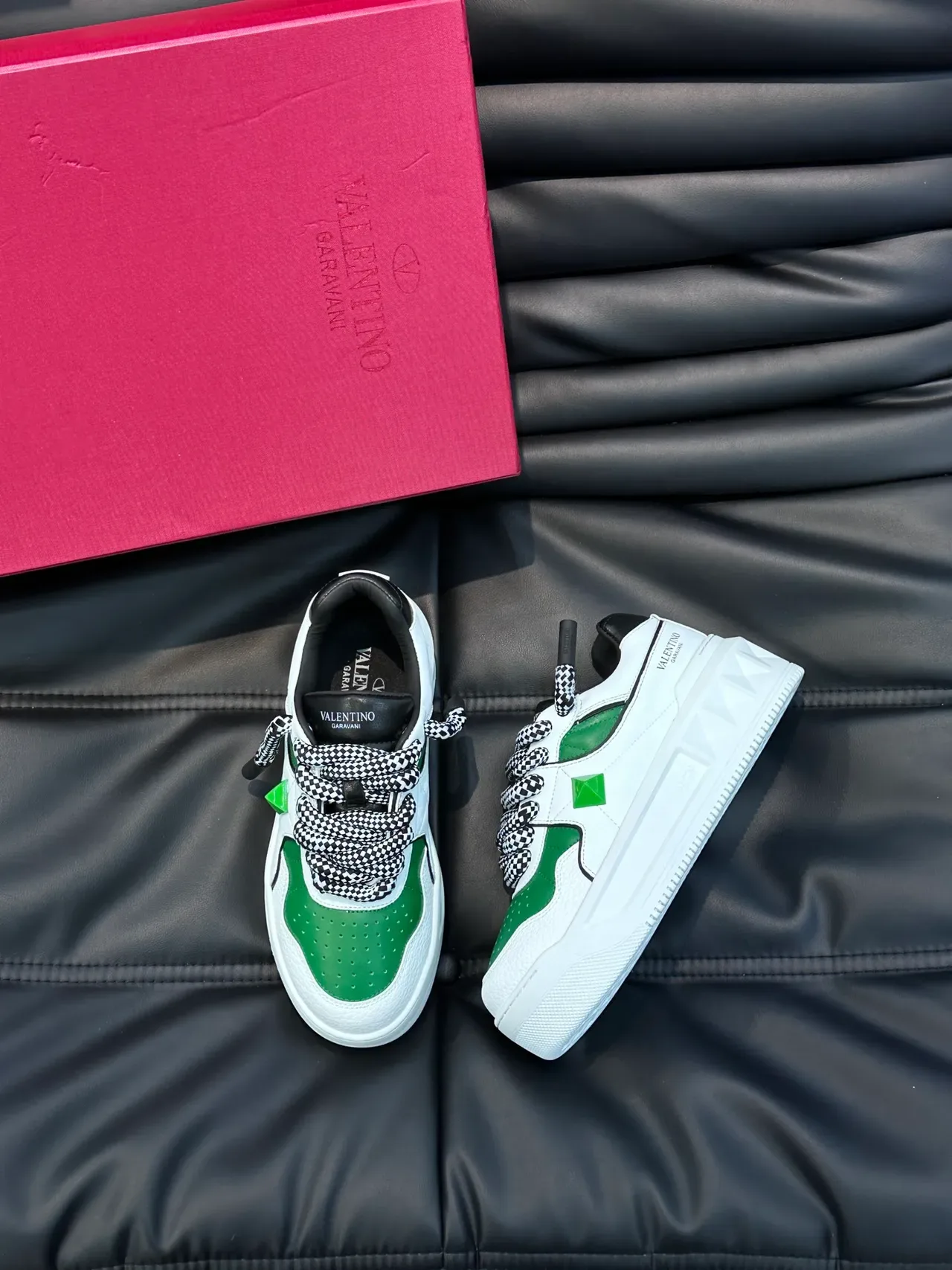 Valentino Rockstud Blanco Verde Suela Plataforma Gruesa Patrón Checkerboard Cordones de Cuerda Zapatillas Lifestyle 4