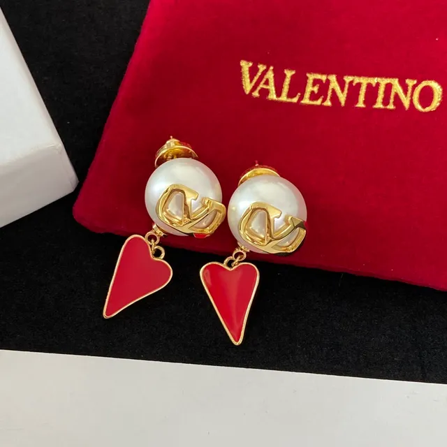 Valentino VLogo Heart Red Gold White Pearl-Like Sphere Earrings 2
