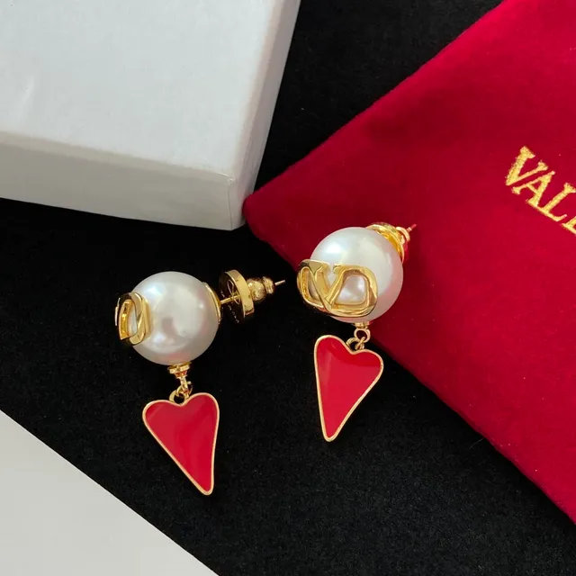 Valentino VLogo Heart Red Gold White Pearl-Like Sphere Earrings 3