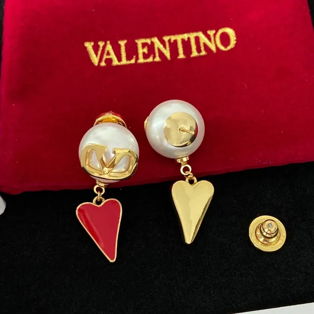Valentino VLogo Heart Red Gold White Pearl-Like Sphere Earrings 4
