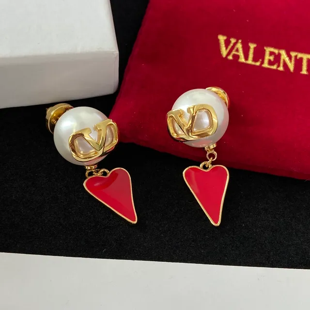 Valentino VLogo Heart Red Gold White Pearl-Like Sphere Earrings 5