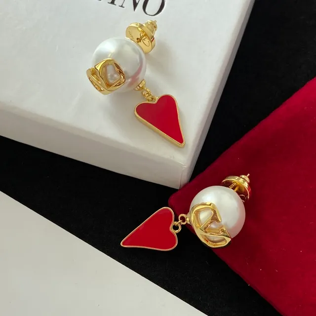 Valentino VLogo Heart Red Gold White Pearl-Like Sphere Earrings 6
