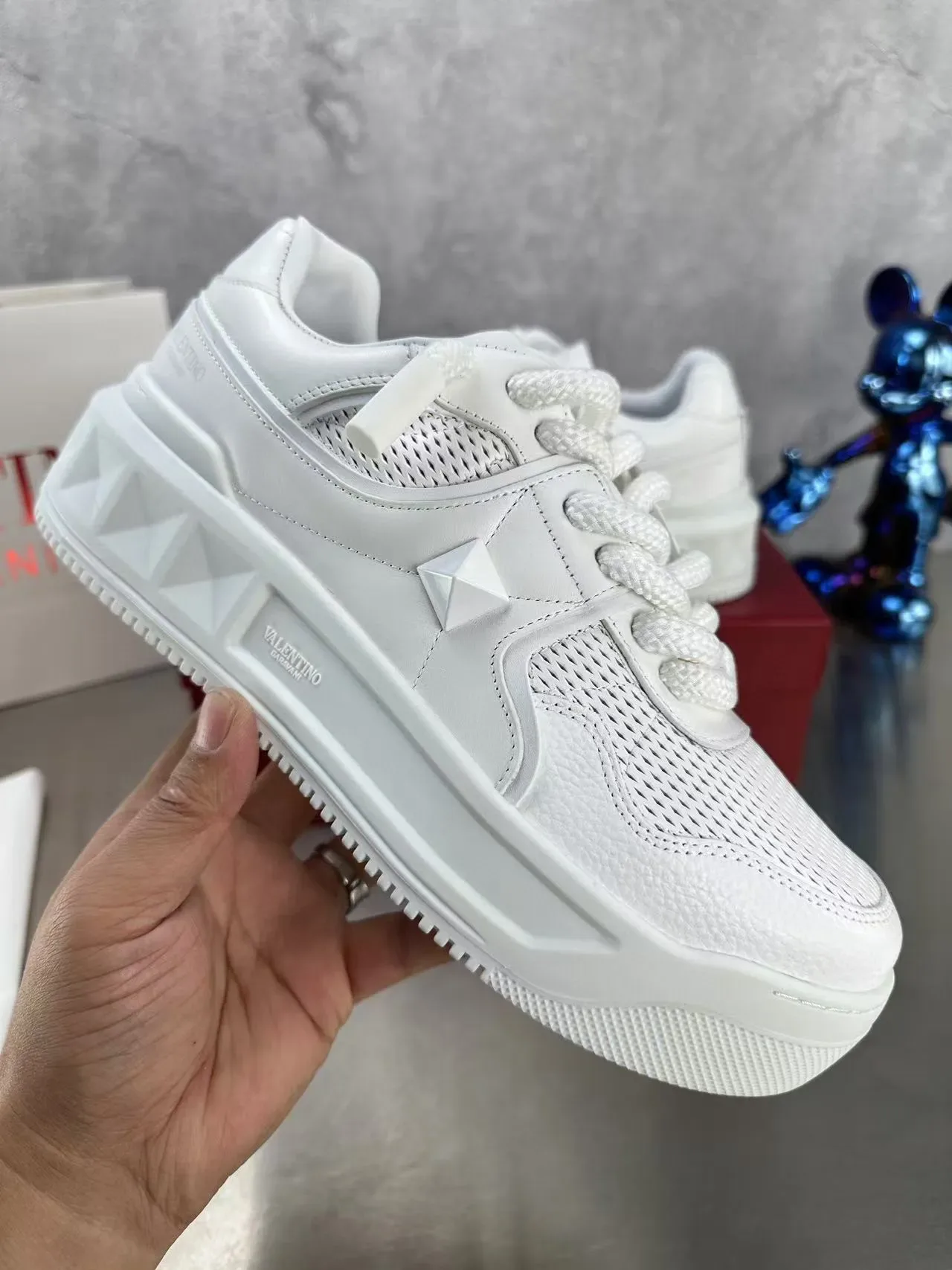 Valentino White Perforated Mesh Upper Quilted Leather Overlays Lifestyle Sneakers 2