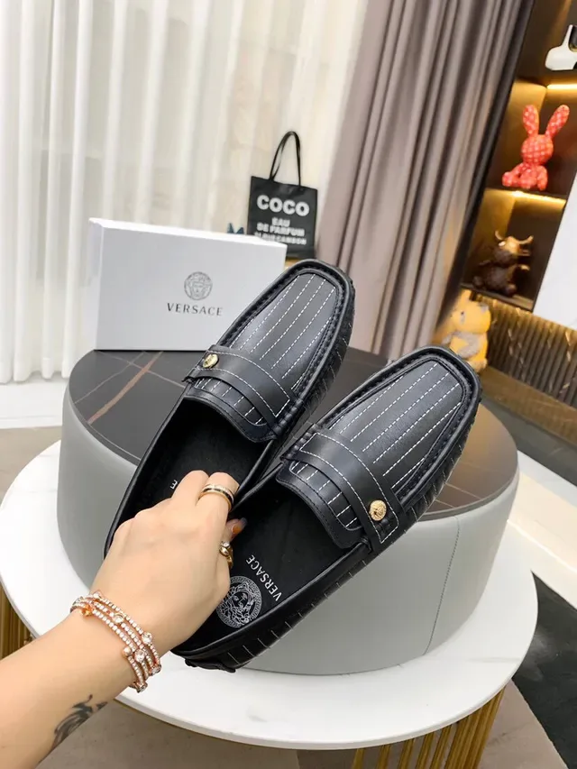 Versace Black White Pinstripe Leather Medallion-Accented Loafer 5